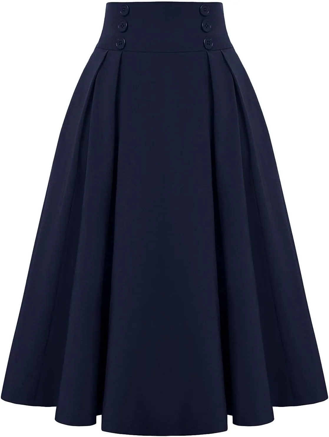 Women's Vintage High Waisted Skirts Casual Button Deco Midi A-Line Skirt Elastic Waist Flowy Skirts with Pockets