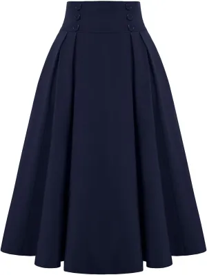 Women's Vintage High Waisted Skirts Casual Button Deco Midi A-Line Skirt Elastic Waist Flowy Skirts with Pockets