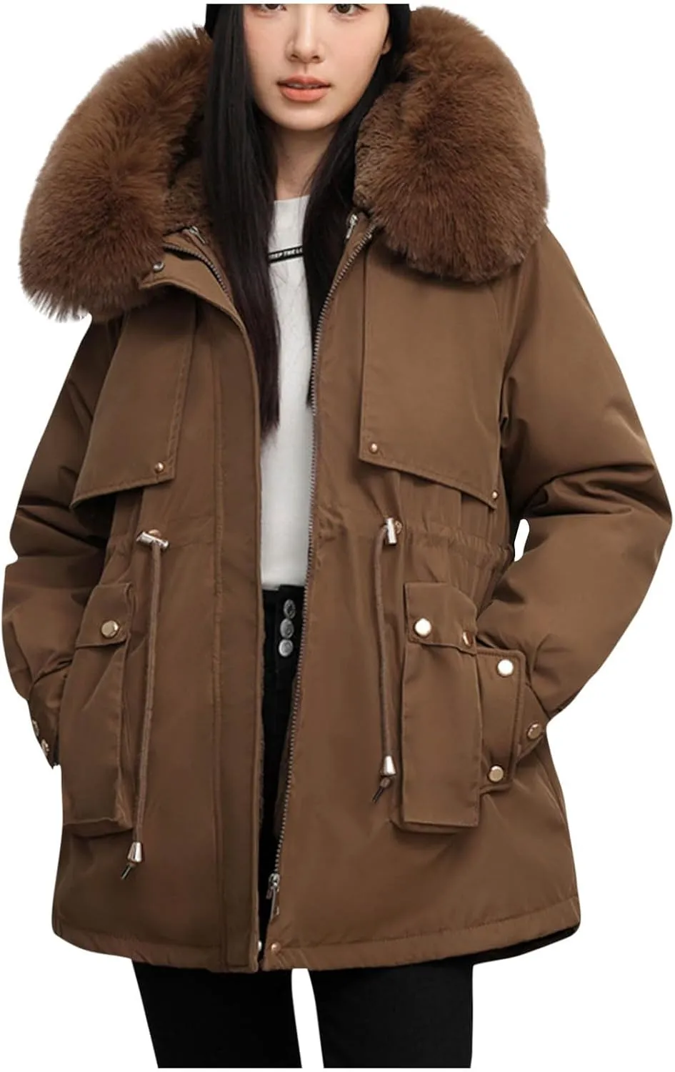 Women's Winter Coats Fleece Lined Parka Jacket Hooded Long Winter Warm Parka with Pockets Windproof Casual Coats