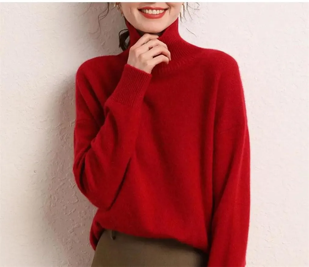 Women's Wool Sweater Solid Turtleneck Oversized Loose Fit Knitted Pullovers Female Classic Basic Thermal Swearter