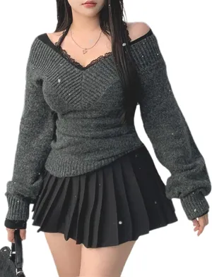 Womens Y2k V Neck Slim Fit Sweater Long Sleeve Knitted Pullovers Vintage Aesthetic Chunky Top Streetwear