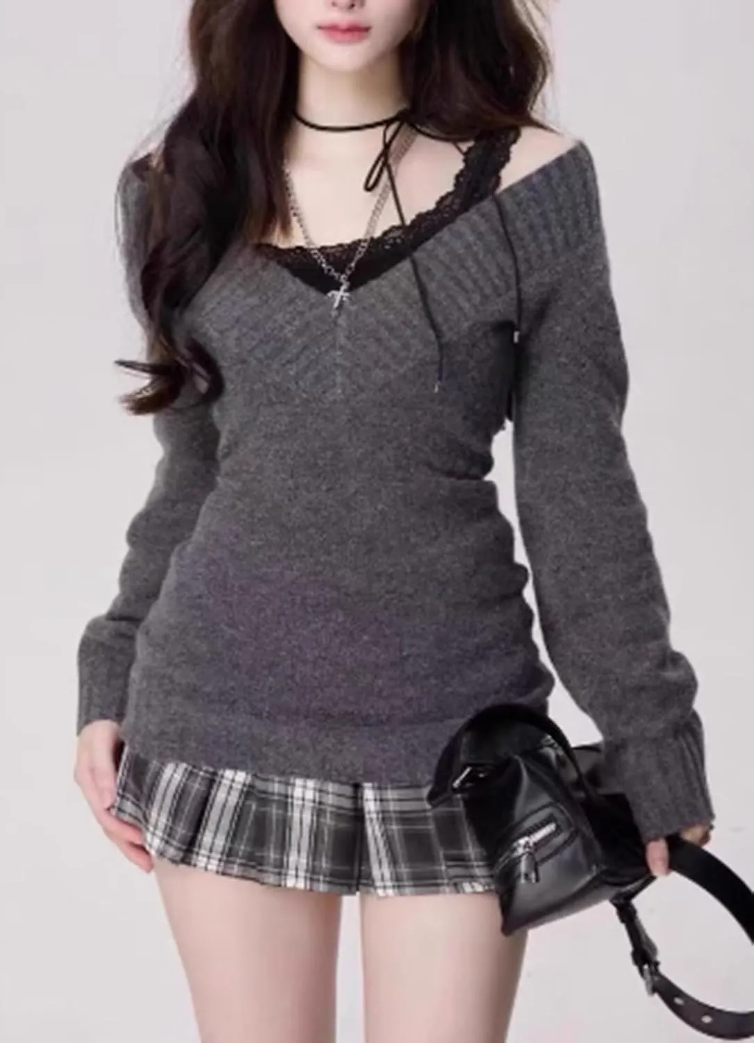 Womens Y2k V Neck Slim Fit Sweater Long Sleeve Knitted Pullovers Vintage Aesthetic Chunky Top Streetwear