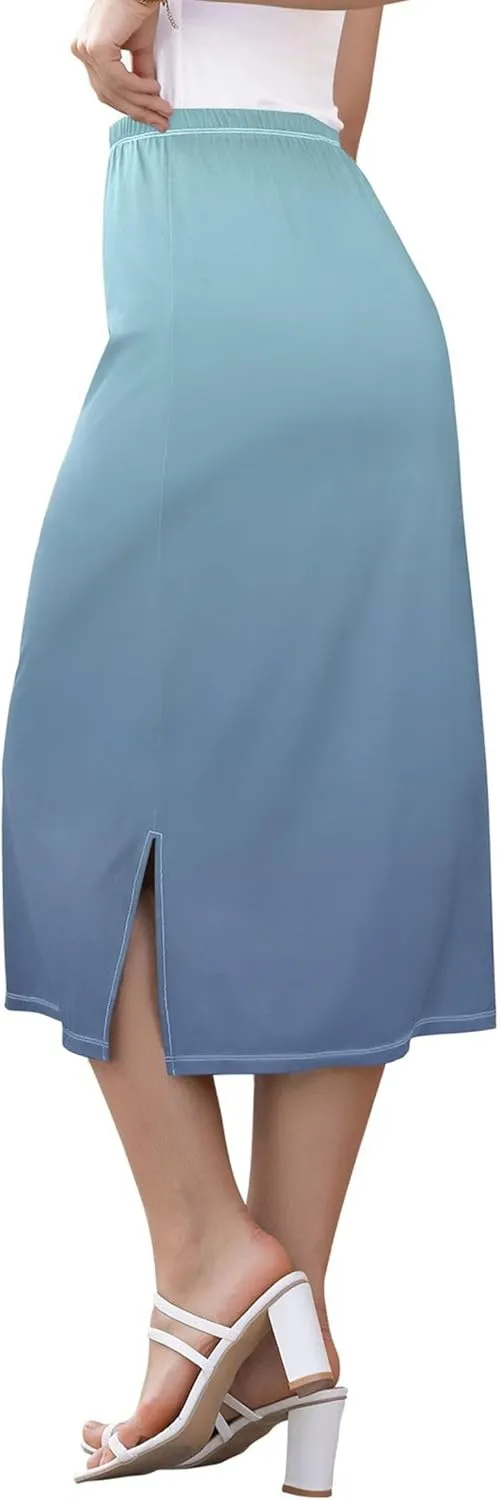 Yellow Midi Skirts with Slit Women Floral Pencil Skirts Elastic Waist Cute Spring Skirt