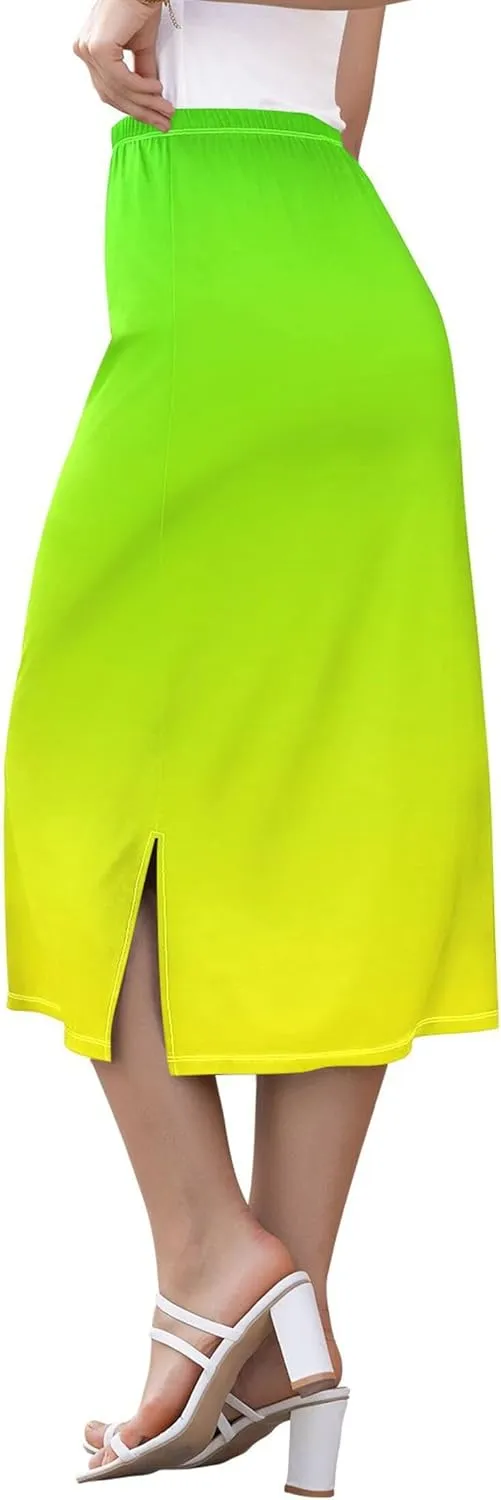 Yellow Midi Skirts with Slit Women Floral Pencil Skirts Elastic Waist Cute Spring Skirt