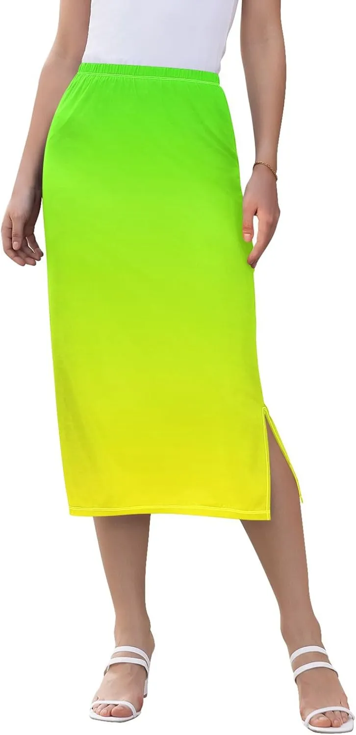 Yellow Midi Skirts with Slit Women Floral Pencil Skirts Elastic Waist Cute Spring Skirt