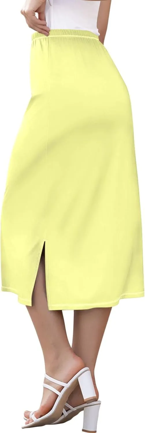 Yellow Midi Skirts with Slit Women Floral Pencil Skirts Elastic Waist Cute Spring Skirt