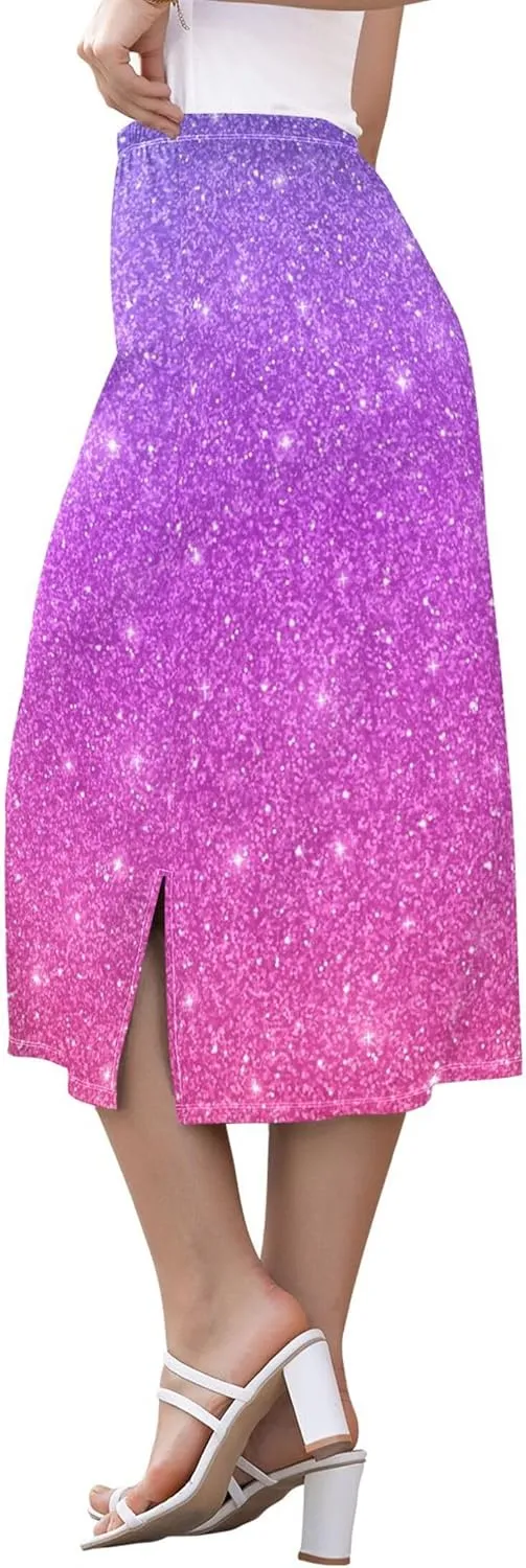 Yellow Midi Skirts with Slit Women Floral Pencil Skirts Elastic Waist Cute Spring Skirt