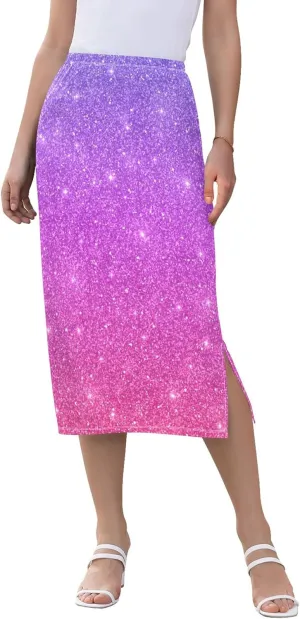 Yellow Midi Skirts with Slit Women Floral Pencil Skirts Elastic Waist Cute Spring Skirt