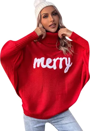 YMING Women's Turtleneck Batwing Sleeves Sweaters Letter Print Knitted Pullovers Winter Casual Jumper Tops