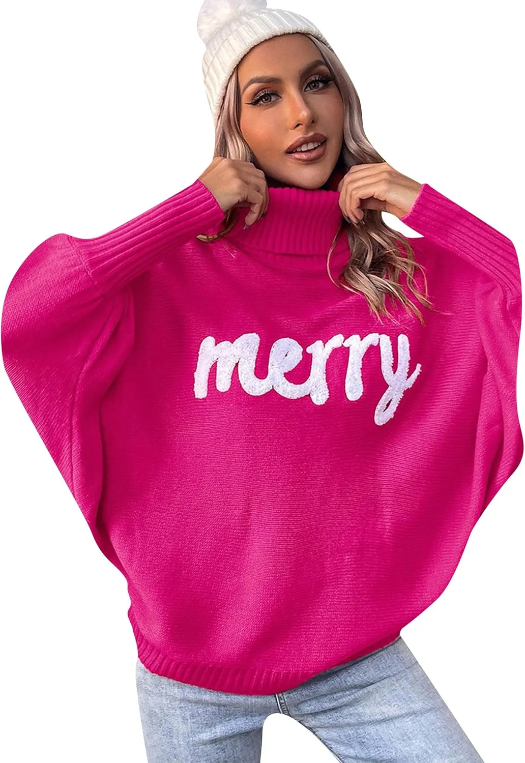 YMING Women's Turtleneck Batwing Sleeves Sweaters Letter Print Knitted Pullovers Winter Casual Jumper Tops