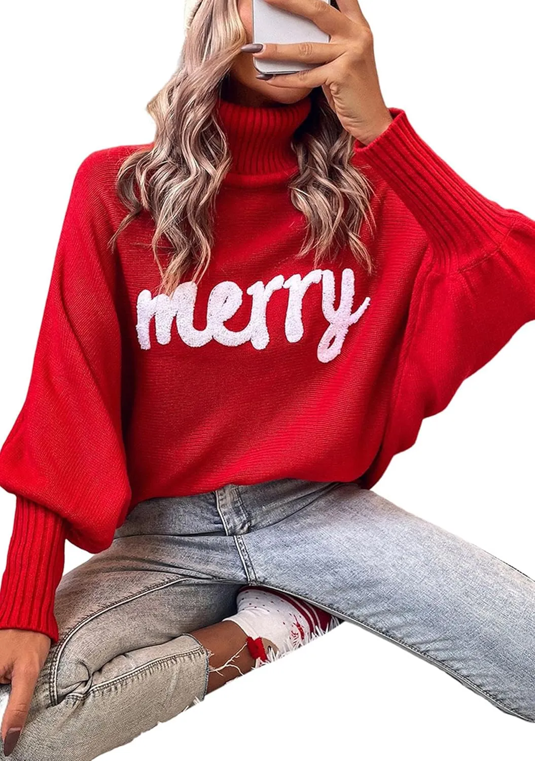 YMING Women's Turtleneck Batwing Sleeves Sweaters Letter Print Knitted Pullovers Winter Casual Jumper Tops