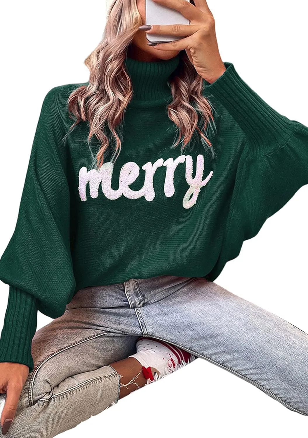 YMING Women's Turtleneck Batwing Sleeves Sweaters Letter Print Knitted Pullovers Winter Casual Jumper Tops