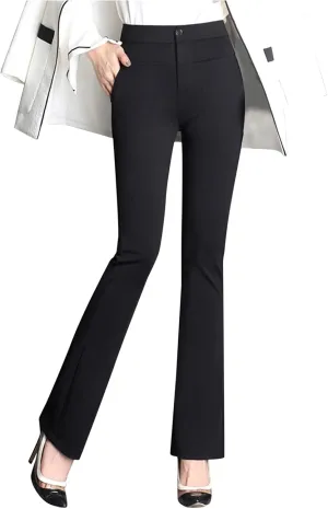YOLAI Women Stretchy Work Business Pants Casual Straight Leg Trousers High Waist Casual Micro Flare Pants