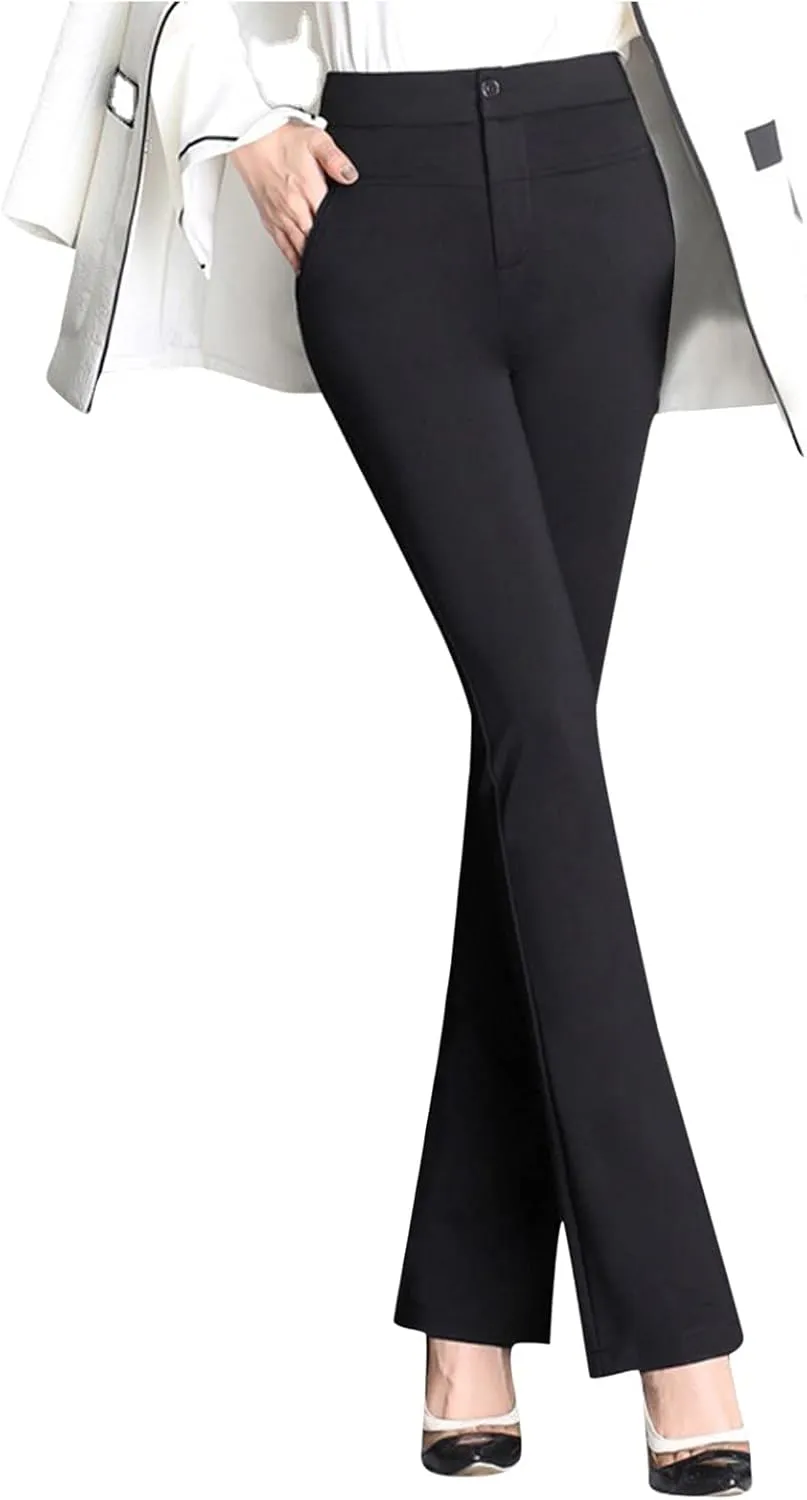 YOLAI Women Stretchy Work Business Pants Casual Straight Leg Trousers High Waist Casual Micro Flare Pants