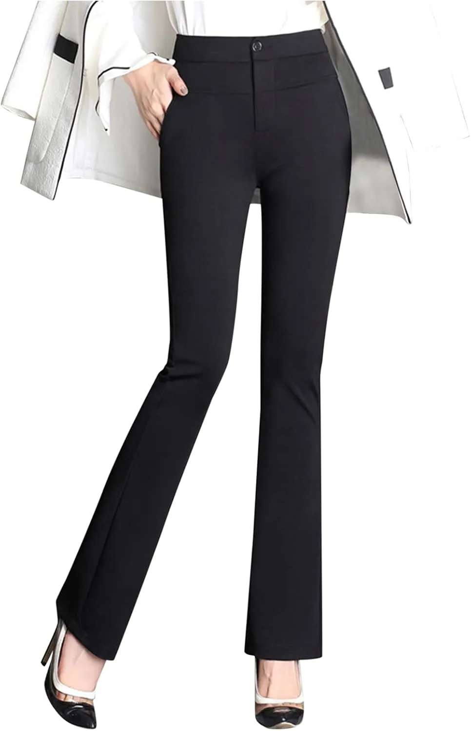 YOLAI Women Stretchy Work Business Pants Casual Straight Leg Trousers High Waist Casual Micro Flare Pants