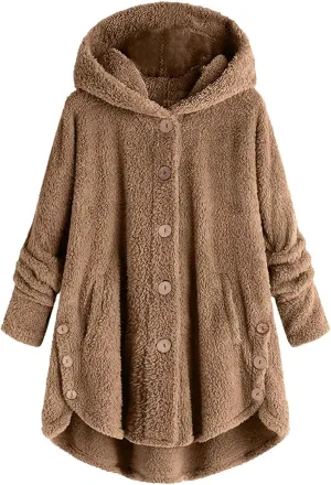 ZDRZK Women Jacket With Plus Size Fall Winter Soft Hoodie Outwear Button Down Long Sleeve Fuzzy Fleece Casual Coats