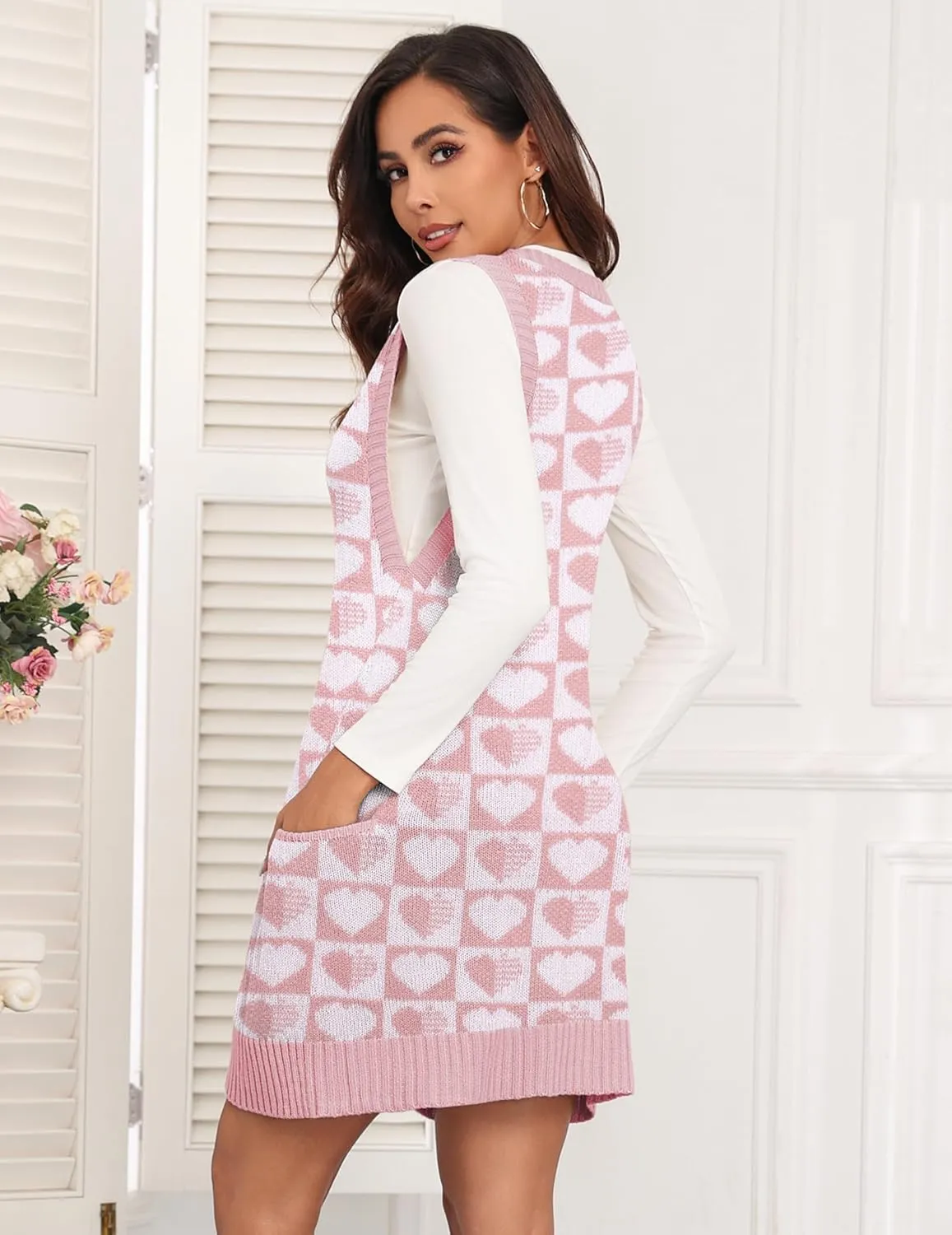 Zeagoo Womens Sweater Vest Dress Pattern Knitted Pullovers Sweaters V Neck Tank Sweater Dress with Pockets