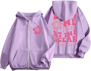 Zip Up Hoodie Women Letter Print Casual Graphic Sweatshirts Drawstring Long Sleeve Cardigan Cute Oversized Tops