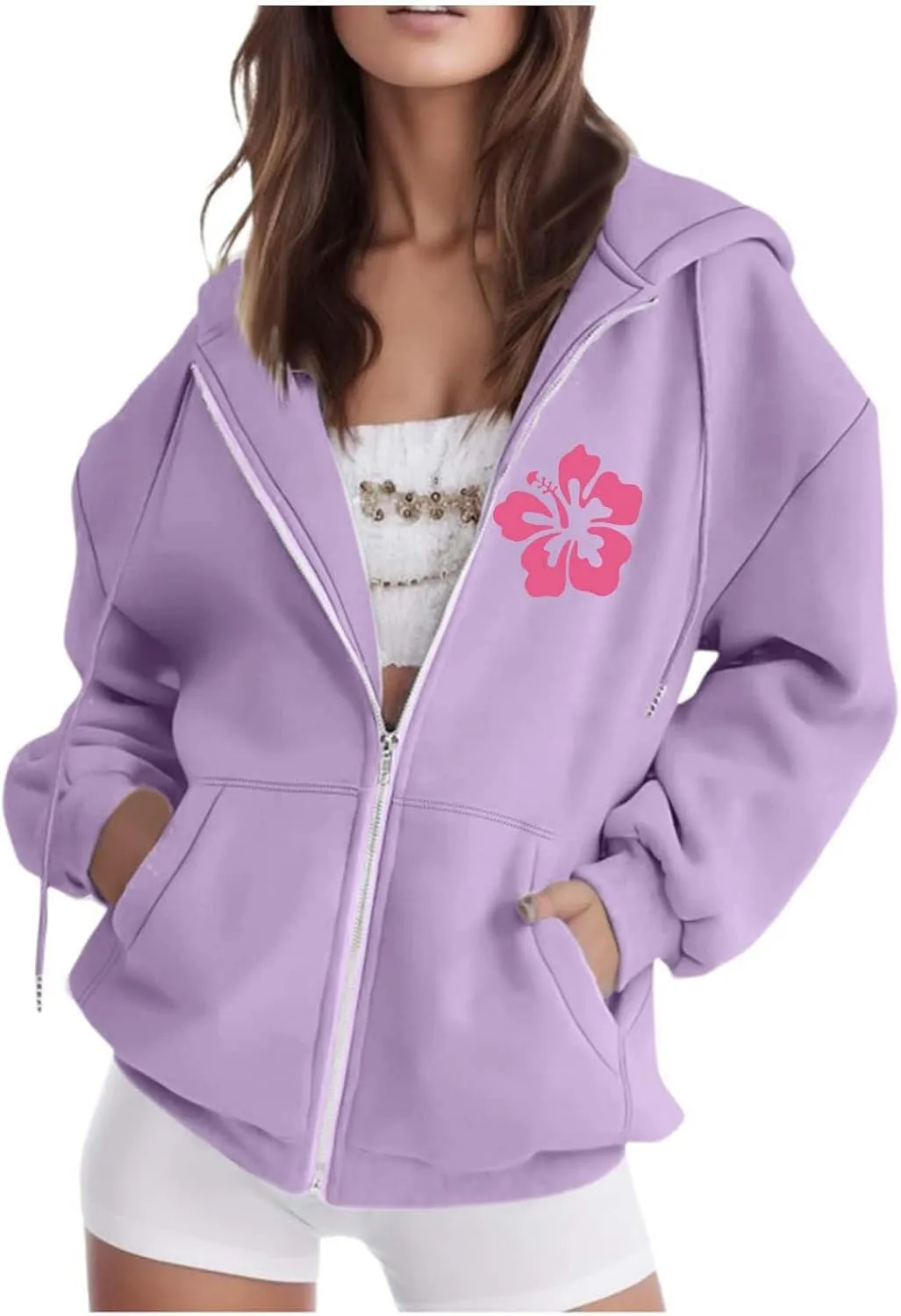Zip Up Hoodie Women Letter Print Casual Graphic Sweatshirts Drawstring Long Sleeve Cardigan Cute Oversized Tops