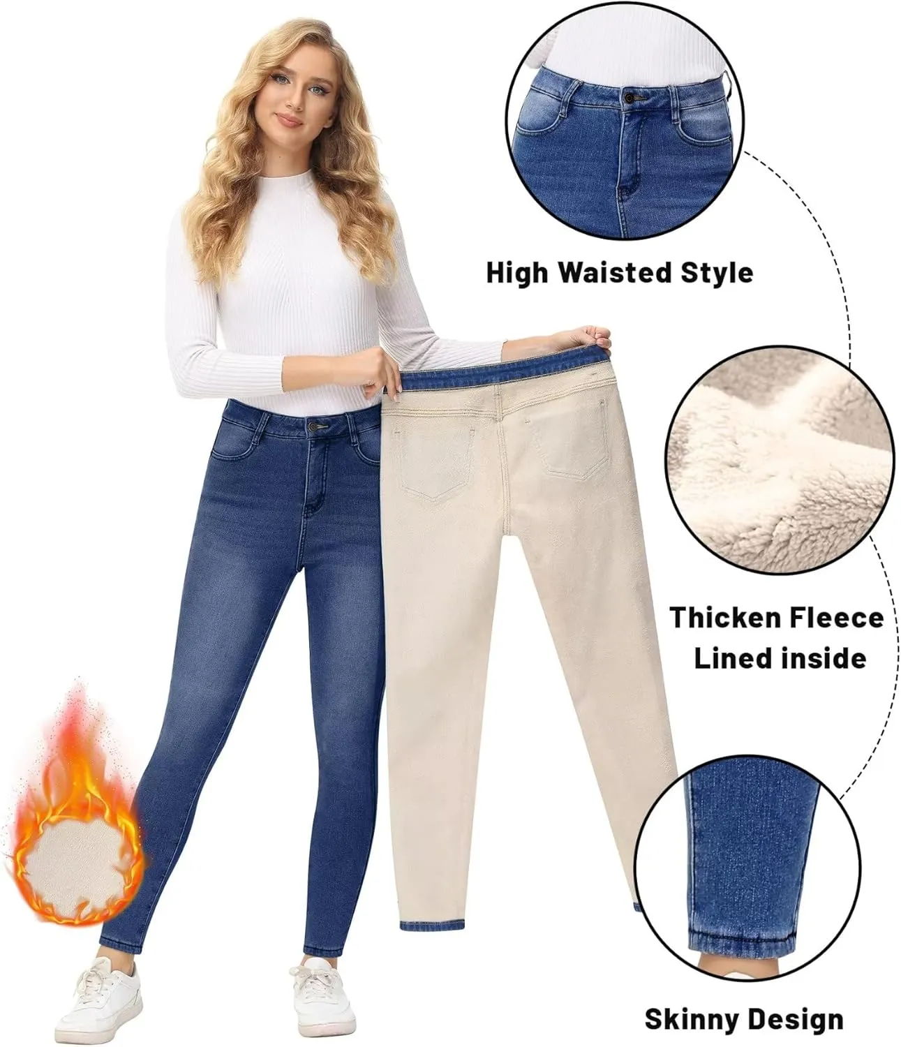 ZQIWIN Women's Fleece Lined Jeans Warm Fleece Lined Pants Women 2023 Winter Flannel Skinny Leggings Jeans