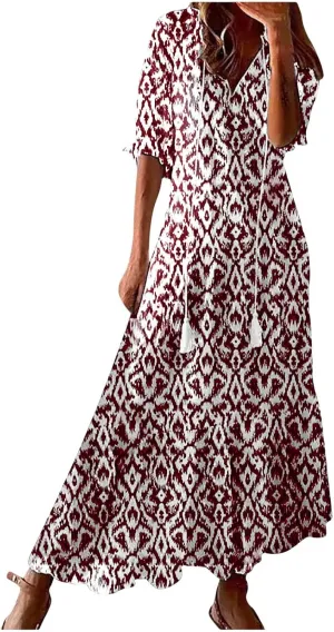 ZWRXW Women Boho Summer Dress Tassel V Neck Ruffle Flowy A-Line Maxi Dresses Short Sleeve Casual Long Dress Beach Vacation