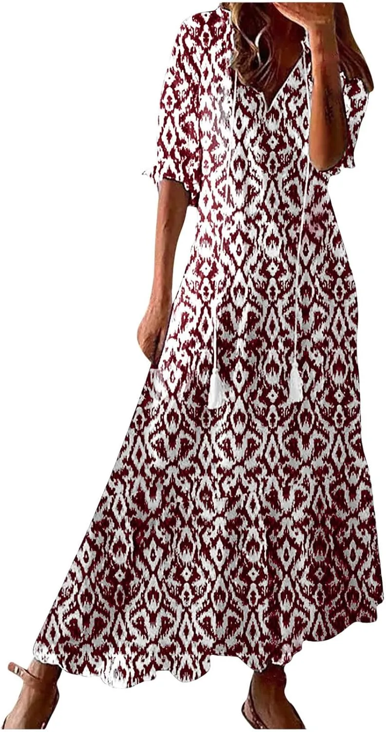 ZWRXW Women Boho Summer Dress Tassel V Neck Ruffle Flowy A-Line Maxi Dresses Short Sleeve Casual Long Dress Beach Vacation