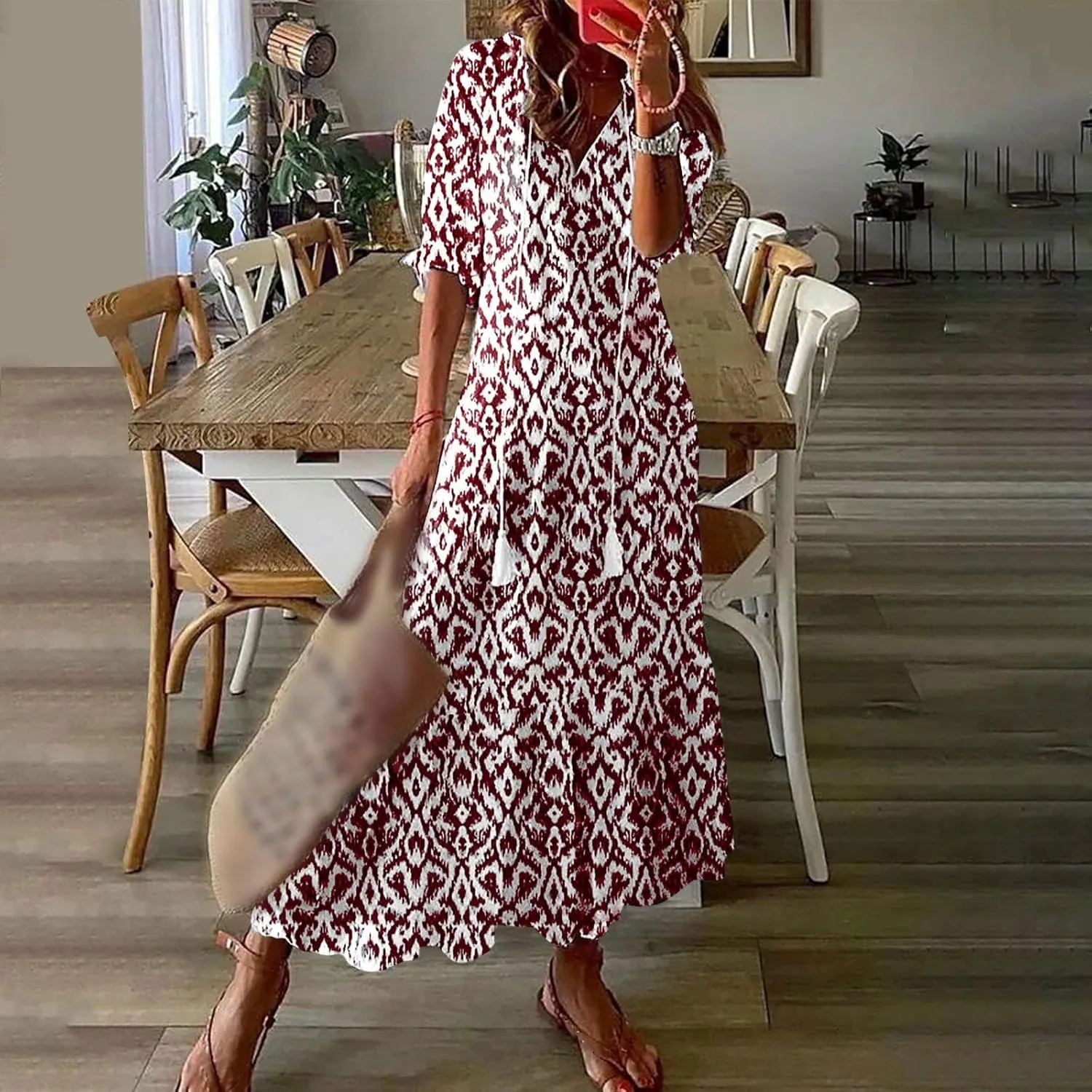 ZWRXW Women Boho Summer Dress Tassel V Neck Ruffle Flowy A-Line Maxi Dresses Short Sleeve Casual Long Dress Beach Vacation